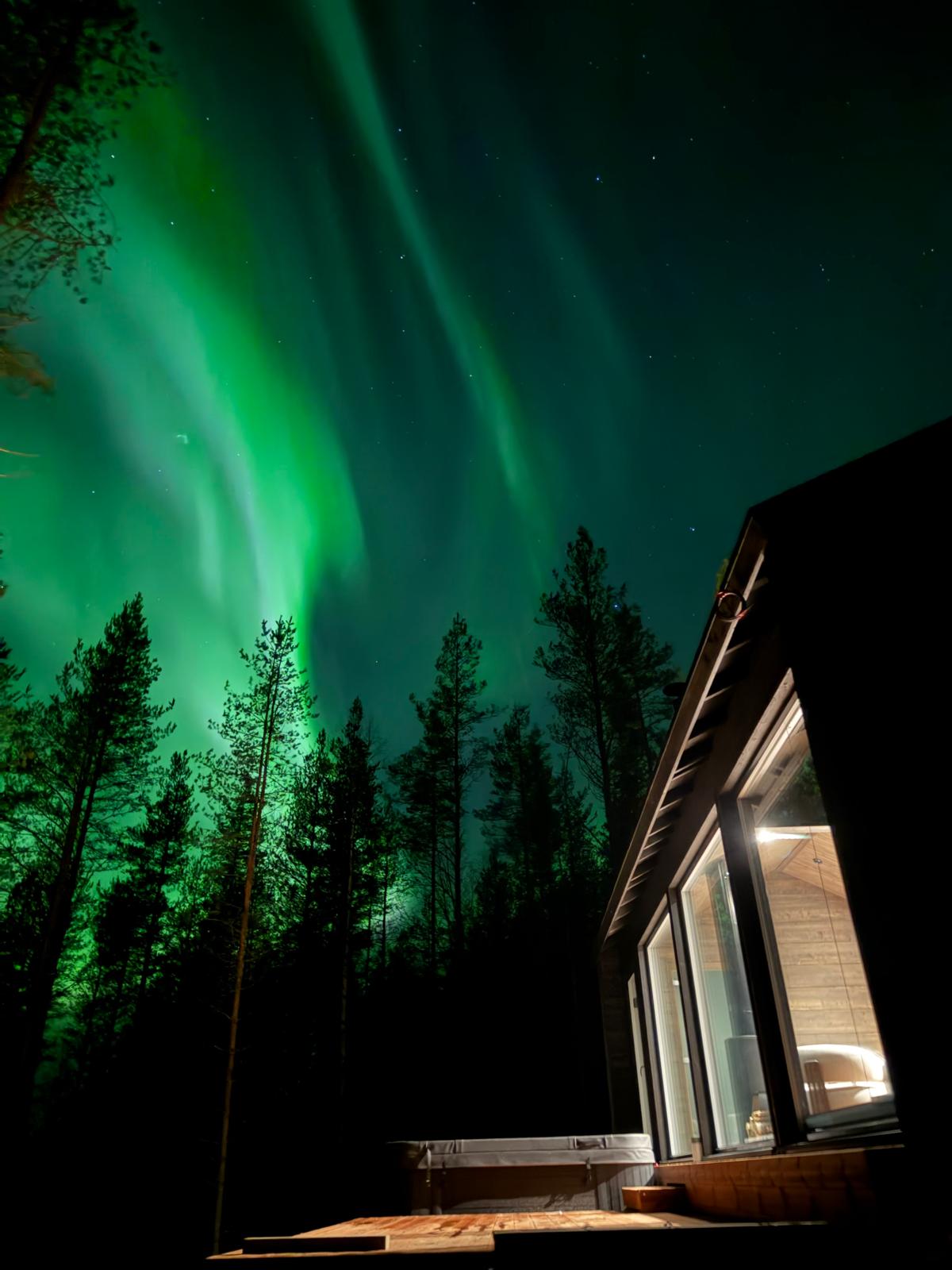 Northern lights above the pines and the villa corner